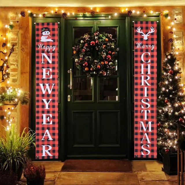Main image of Yescom Merry Christmas New Year Door Sign,Porch Sign Banner,Hanging 2 Pack Xmas Party Decorations