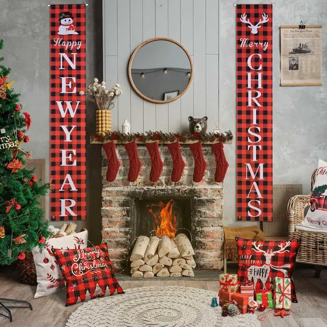 Alt view image 2 of 7 - Yescom Merry Christmas New Year Door Sign,Porch Sign Banner,Hanging 2 Pack Xmas Party Decorations