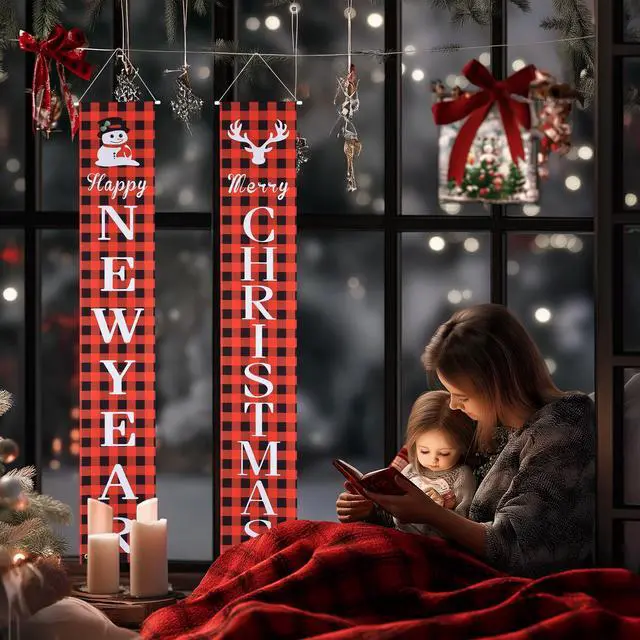 Alt view image 7 of 7 - Yescom Merry Christmas New Year Door Sign,Porch Sign Banner,Hanging 2 Pack Xmas Party Decorations