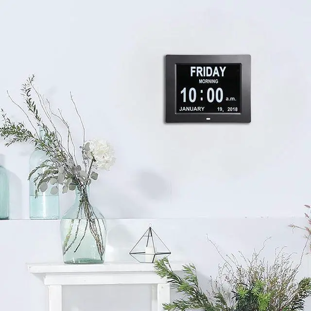 Alt view image 7 of 13 - 8" Large Digital LCD Day Clock 6 Alarm Options Dimmable Calendar Dementia Home Wall Table Black