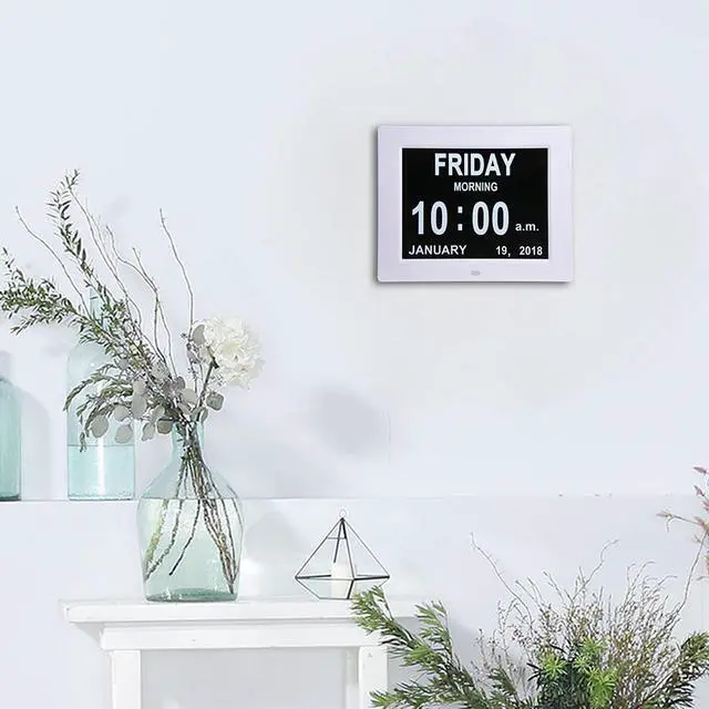 Alt view image 6 of 13 - 8" Large Digital LCD Day Clock 6 Alarm Options Dimmable Calendar Dementia Home Wall Table White
