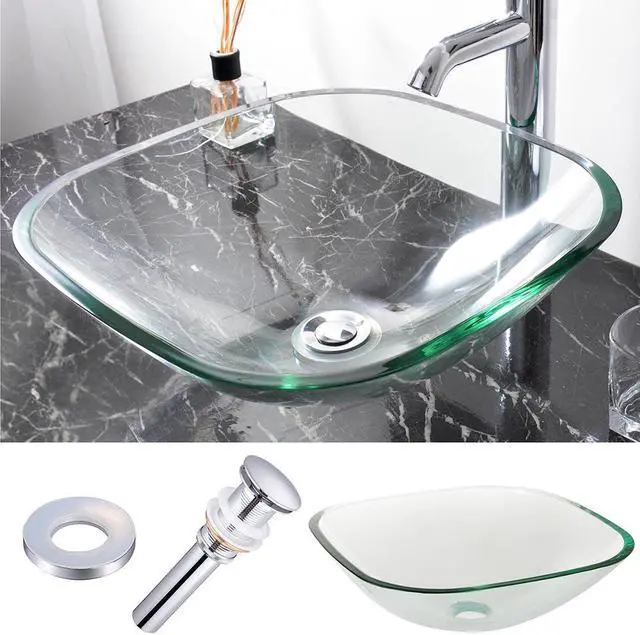 Main image of Square Tempered Glass Vessel Sink Basin with Chrome Mounting Ring and 1 5/8" Pop Up Drain Combo Set