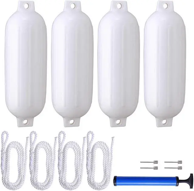 Main image of 4pcs Ribbed Boat Fender 8"x27" Bumper Dock Shield Protection White w/ Lines Pump