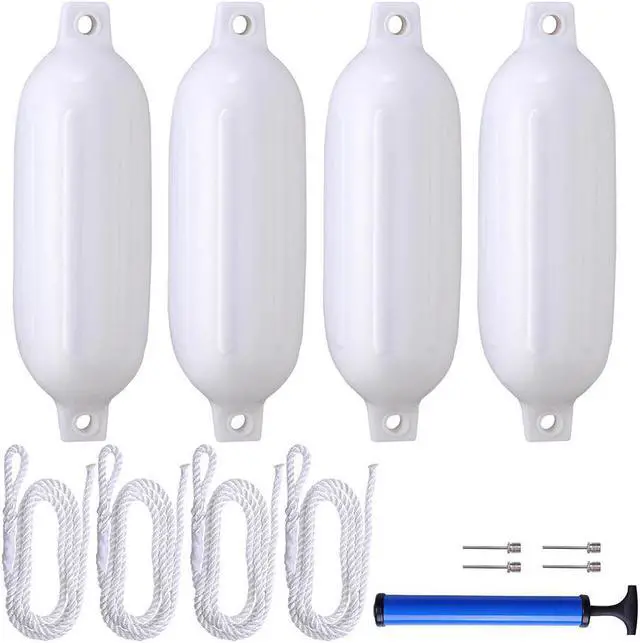 Main image of 4pcs Ribbed Boat Fender 6.5"x23" Bumper Dock Shield Protection White w/ Lines Pump