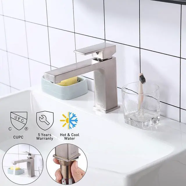 Main image of Aquaterior® Modern 1 Hole Bathroom Square Faucet Vanity Sink 1 Handle Cold & Hot Water Tap Nickel