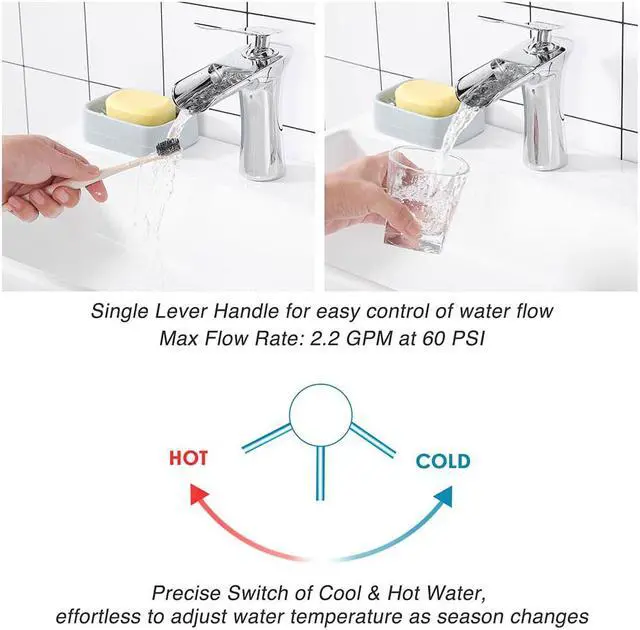 Alt view image 6 of 7 - Aquaterior Single Handle Bathroom Faucet Waterfall Spout Mixer Tap Basin Lavatory Faucet Chrome (CUPC NSF)