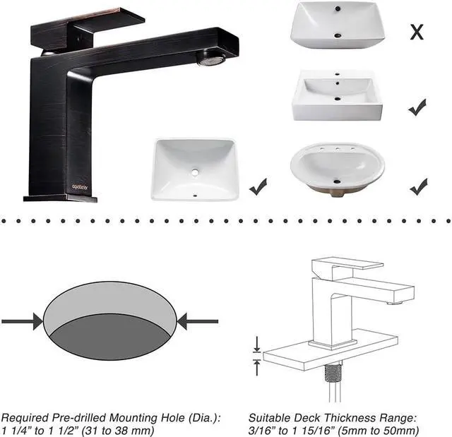 Alt view image 5 of 7 - Aquaterior® Modern 1 Hole Bathroom Square Faucet Vanity Sink 1 Handle Cold & Hot Water Tap ORB DIY