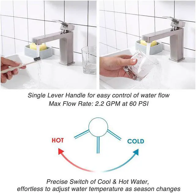 Alt view image 4 of 7 - Aquaterior® Modern 1 Hole Bathroom Square Faucet Vanity Sink 1 Handle Cold & Hot Water Tap Nickel
