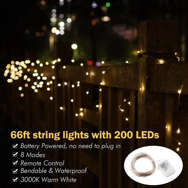Alt view image 2 of 7 - Yescom LED String Light 66' Battery Operated Starry Fair Rope Lamp 8 Modes Remote Christmas Wedding