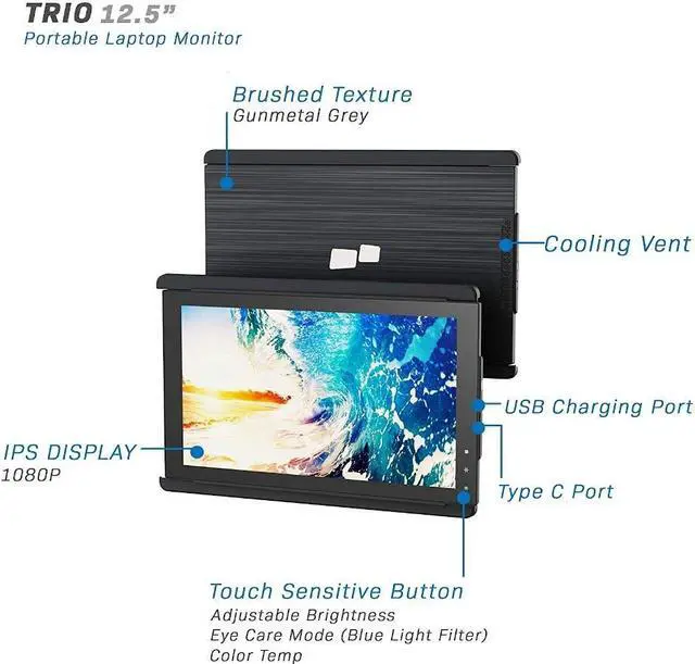 Alt view image 2 of 20 - Mobile Pixels Trio/Trio Max Portable Monitor System USB A USB C Plug and Play Mac PC Linux - Trio 12.5" Monitor