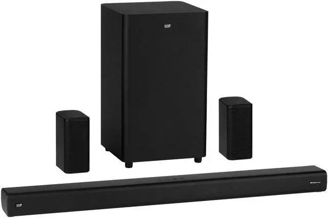 Alt view image 2 of 7 - Monoprice SB-600 Dolby Atmos 5.1.2 Soundbar with Wireless Subwoofer & Wireless Satellite Speakers, HDMI Inputs, eArc, Bluetooth, Toslink, Coax, Remote