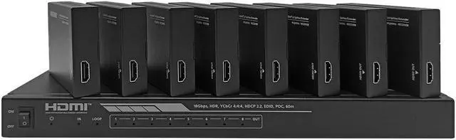 Main image of Monoprice Blackbird 4K HDMI 2.0 1x8 Splitter Extender Complete Solution Kit-- 18Gbps, HDR, 4K@60Hz, YCbCr 4:4:4, HDCP 2.2, Cat6/6a/7 with IR, Loop Out, EDID, POC with 8 Receivers, 60m, 197ft