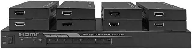 Alt view image 3 of 13 - Monoprice Blackbird 4K HDMI 2.0 1x8 Splitter Extender Complete Solution Kit-- 18Gbps, HDR, 4K@60Hz, YCbCr 4:4:4, HDCP 2.2, Cat6/6a/7 with IR, Loop Out, EDID, POC with 8 Receivers, 60m, 197ft