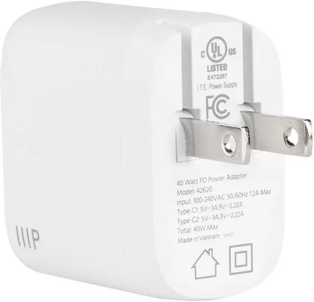 Alt view image 2 of 6 - Monoprice 40W 2-port USB-C GaN Charger, Fast Charge, Foldable, Power Delivery for iPad, iPhone, Samsung Galaxy, White