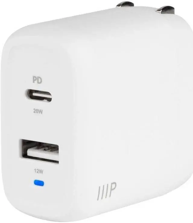 Main image of Monoprice 32W 2-Port GaN Charger, Fast Charge, Foldable, Power Delivery for iPad, iPhone, Samsung Galaxy, White