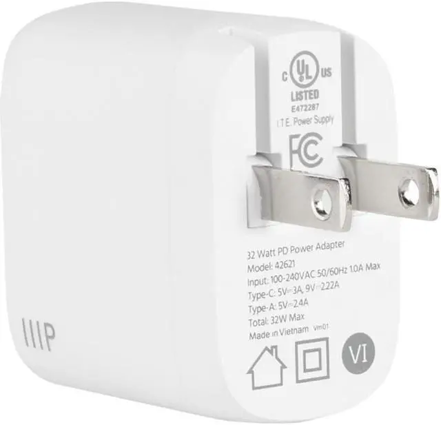 Alt view image 2 of 6 - Monoprice 32W 2-Port GaN Charger, Fast Charge, Foldable, Power Delivery for iPad, iPhone, Samsung Galaxy, White