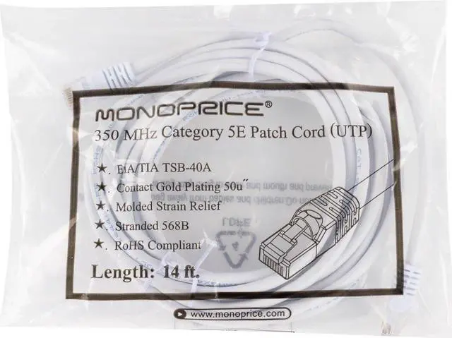 Alt view image 6 of 12 - Monoprice Cat5e Ethernet Patch Cable - Network Internet Cord - RJ45, Stranded, 350Mhz, UTP, Pure Bare Copper Wire, 24AWG, 14ft, White