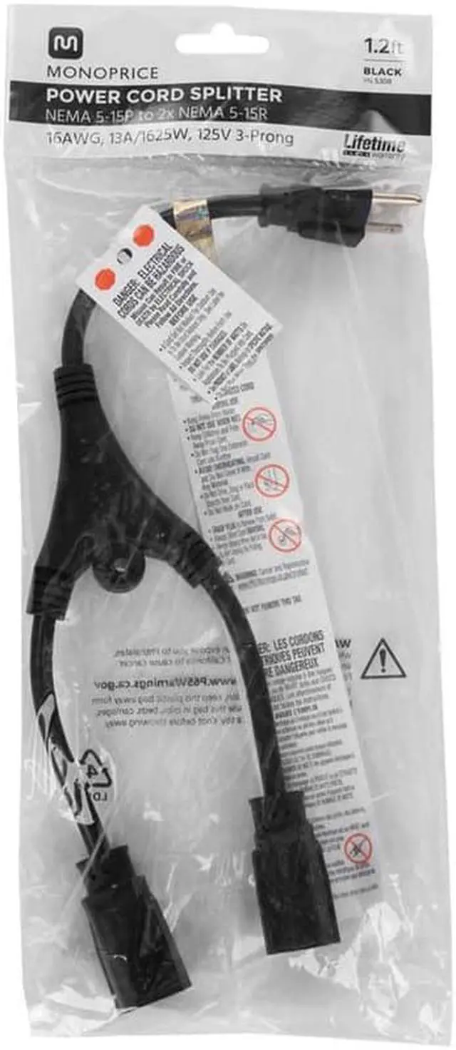 Alt view image 6 of 7 - Monoprice 14inch 16AWG Power Cord Splitter Cable, 10A (NEMA 5-15P to 2x NEMA 5-15R)