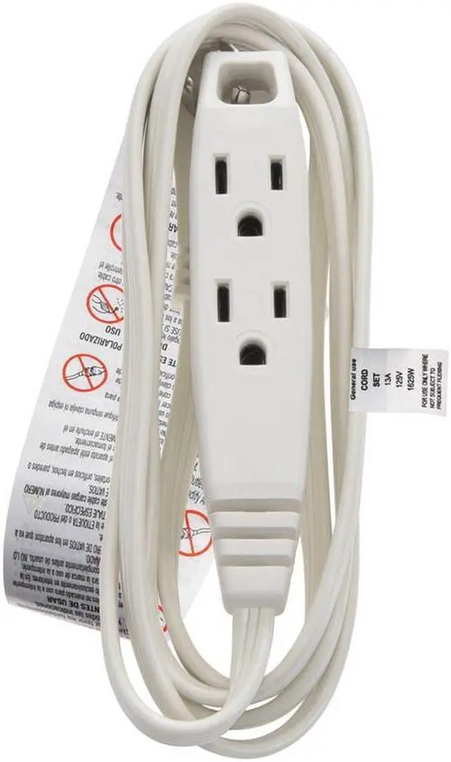 Alt view image 5 of 7 - Monoprice 3-Outlet Flat Plug Household Extension Cord, 16AWG, 13A, SPT-2, White, 6ft