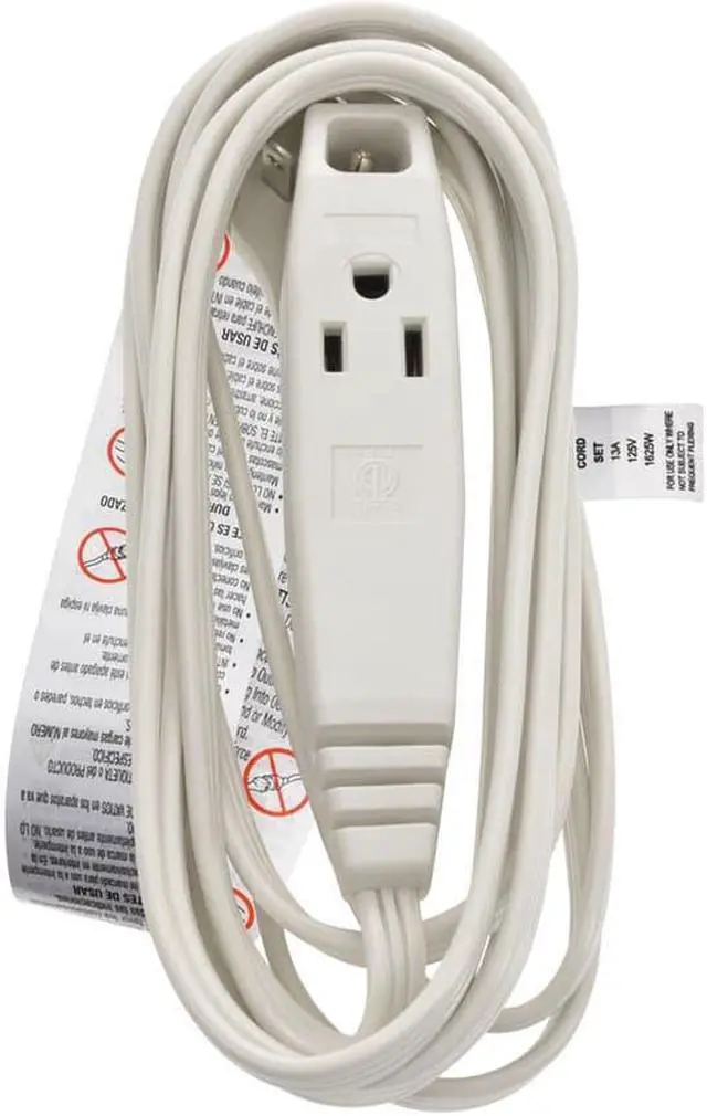 Alt view image 5 of 7 - Monoprice 3-Outlet Flat Plug Household Extension Cord, 16AWG, 13A, SPT-2, White, 10ft