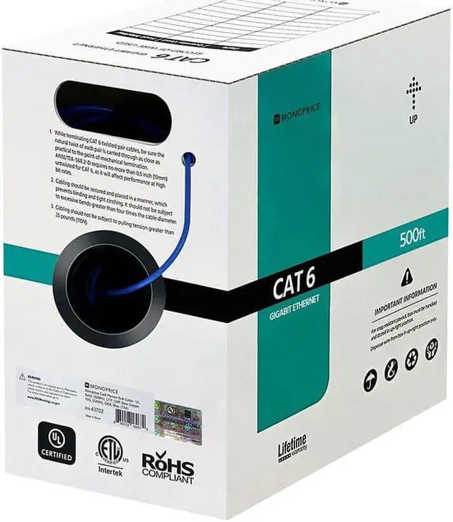 Alt view image 2 of 6 - Monoprice Cat6 Plenum Bulk Cable - 500 Feet - Blue | UL, Solid, 550MHz, UTP, CMP, Bare Copper, 10G, 23AWG (TAA), For Server Applications, Cloud Computing, Video Surveillance