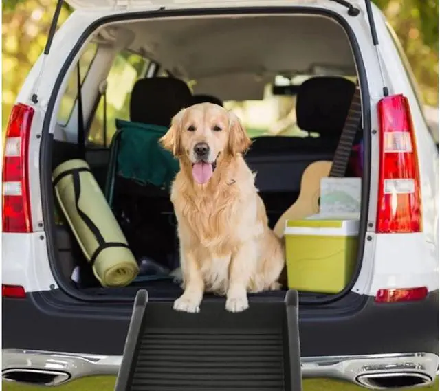 Alt view image 3 of 6 - Portable Folding Dog Car Ramp, Pet Ramp Stairs Step Ladder for Large Dogs with Siderails, Non-Slip, Supports 150 lb, Easy Storage, Foldable for Truck, SUV, Bed, Boat