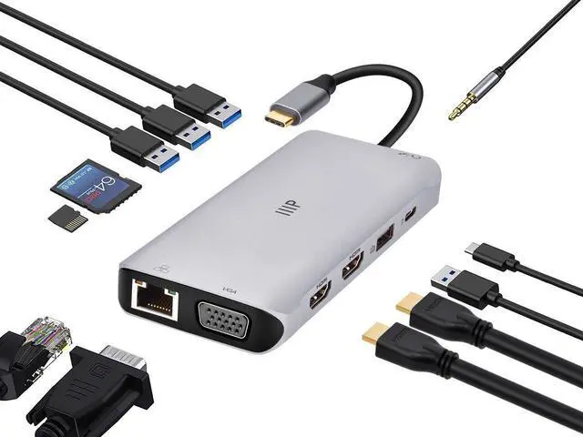 Alt view image 6 of 12 - Monoprice 12-in-1 Dual-HDMI + VGA MST Triple Monitor Docking Station, Dual 4K HDMI, VGA, 5Gbps USBA, Gigabit Ethernet, SD/MicroSD Readers, 100W PD, 3.5mm Dual Audio/Microphone Jack