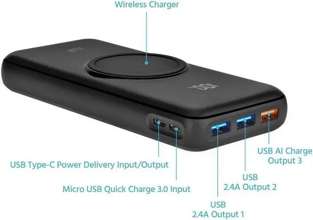 Alt view image 3 of 6 - Monoprice 20,000 mAh Power Bank with Wireless Charging, PD 20W and QC 3.0 Fast Charging, Built-In Digital LCD Display, Charge Up to 5 Devices Simultaneously, For iPhone and Android Devices