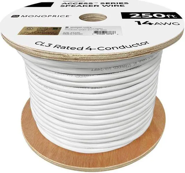 Alt view image 3 of 8 - Monoprice Speaker Wire, CL3 Rated, 4-Conductor, 14AWG, 250ft, White