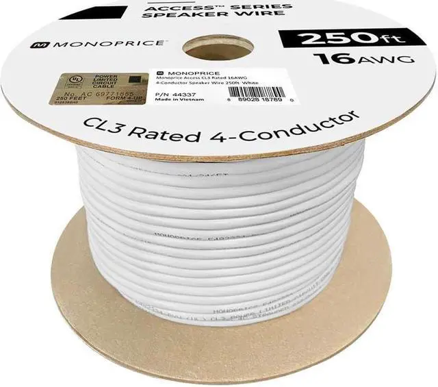 Alt view image 3 of 8 - Monoprice Speaker Wire, CL3 Rated, 4-Conductor, 16AWG, 250ft, White