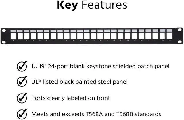 Alt view image 8 of 13 - Monoprice 24-Port 1U Blank Keystone Shielded Network Patch Panel T568A/B