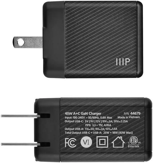 Alt view image 3 of 6 - Monoprice Compact 2Port 45W GaN Charger with USBC & USBA Ports: For Laptops, Tablets, and Phones