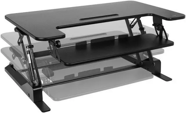 Alt view image 2 of 12 - Monoprice Height Adjustable Gas-Spring Dual Handle Sit-Stand 36-Inch Workstation Desk Converter with Keyboard Tray