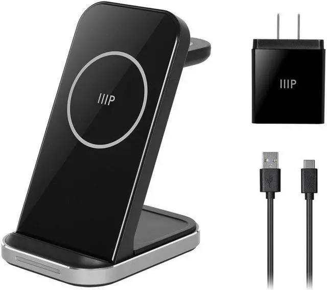 Main image of Monoprice 3in1 Wireless Charging Station for iPhone, Apple Watch, AirPods, Bundled with Quick Charge 3.0 Wall Charger, Fast Charging, Triple Sense LED Indicator, Detachable Watch Charger