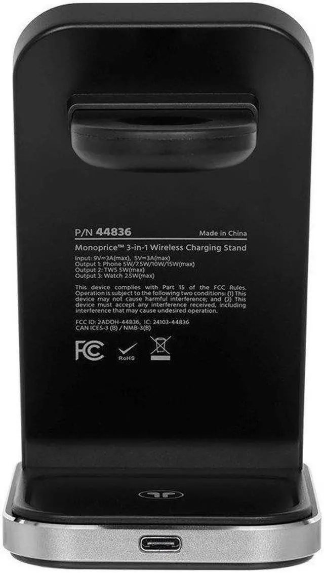 Alt view image 4 of 6 - Monoprice 3in1 Wireless Charging Station for iPhone, Apple Watch, AirPods, Bundled with Quick Charge 3.0 Wall Charger, Fast Charging, Triple Sense LED Indicator, Detachable Watch Charger