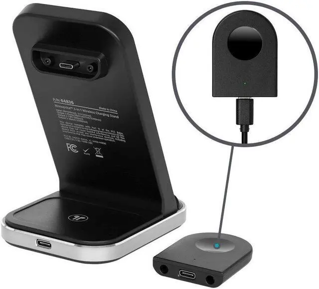 Alt view image 5 of 6 - Monoprice 3in1 Wireless Charging Station for iPhone, Apple Watch, AirPods, Bundled with Quick Charge 3.0 Wall Charger, Fast Charging, Triple Sense LED Indicator, Detachable Watch Charger