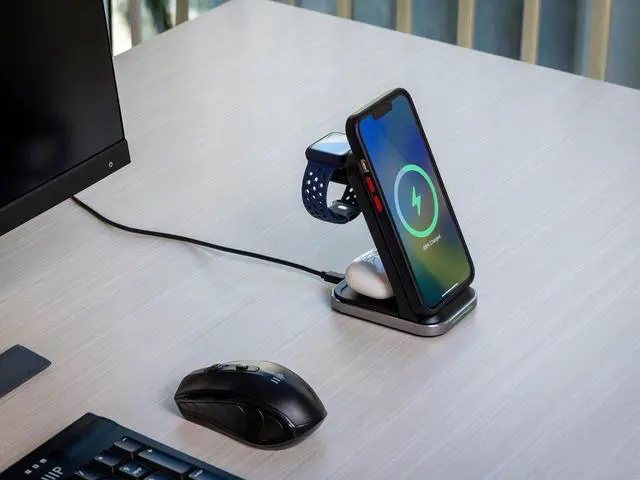 Alt view image 6 of 6 - Monoprice 3in1 Wireless Charging Station for iPhone, Apple Watch, AirPods, Bundled with Quick Charge 3.0 Wall Charger, Fast Charging, Triple Sense LED Indicator, Detachable Watch Charger