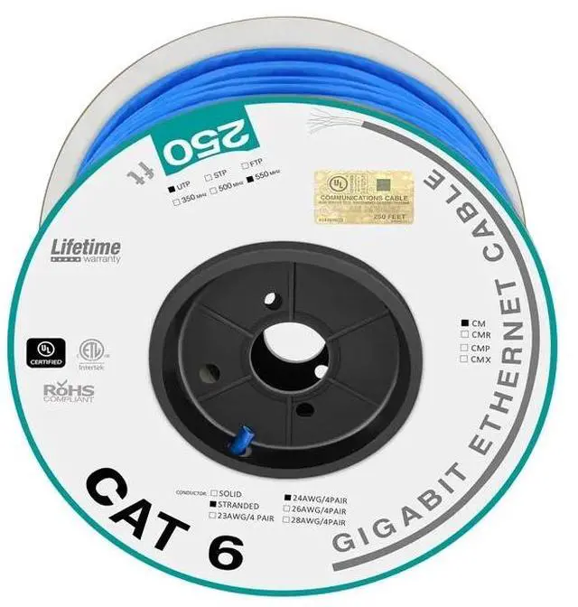 Alt view image 18 of 18 - Monoprice Cat6 Ethernet Bulk Cable - 250 Feet - Blue | Network Internet Cord - Stranded, 550Mhz, UTP, CM, Pure Bare Copper Wire, 24AWG