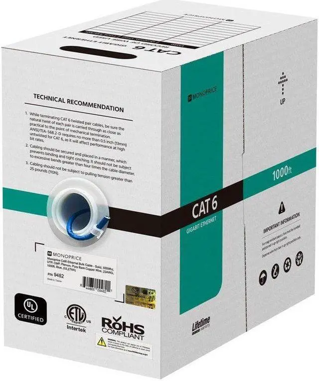 Alt view image 16 of 18 - Monoprice Cat6 Ethernet Bulk Cable - 1000 Feet - Blue | Network Internet Cord - Solid, 550Mhz, UTP, CMP, Plenum, Pure Bare Copper Wire, 23AWG, No Logo