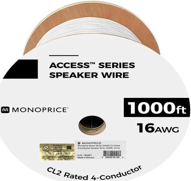 Alt view image 8 of 8 - Monoprice Speaker Wire, CL2 Rated, 4-Conductor, 16AWG, 1000ft, White