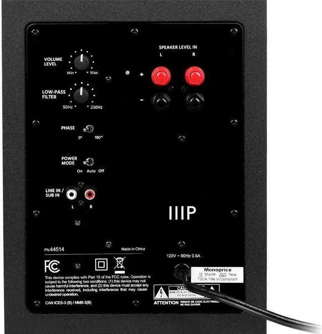 Alt view image 5 of 6 - Monoprice CSW-8: 8" 100-Watt Compact Subwoofer, High-Level Speaker Inputs, Crossover Setting, RCA Inputs