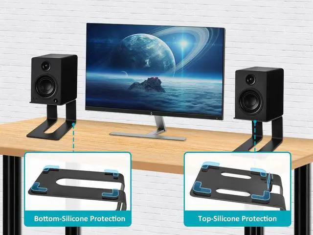 Alt view image 5 of 6 - Monoprice Tilted Metal Desktop Bookshelf Speaker Stands Risers Pair with Vibration Absorption Pads, Supports up to 33lbs with 10° of Tilt, Perfect for Most Fit Bookshelf Speakers and Studio Monitors