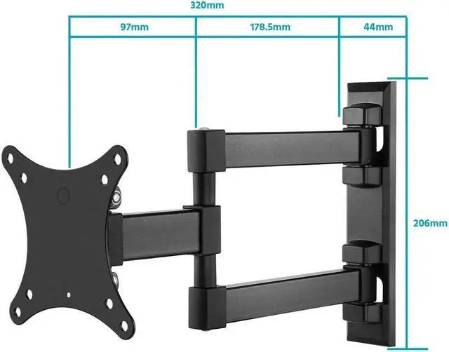 Alt view image 4 of 15 - Monoprice Compact Full Motion Single-Stud TV Wall Mount Bracket for 13" to 37" TVs up to 44lbs, Max VESA 100x100, Works with Concrete, Brick, and Wooden Studs
