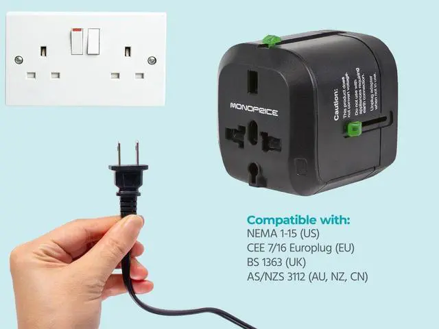 Alt view image 10 of 11 - Monoprice Universal Travel Adapter - Black, For NEMA 1-15 (US), CEE 7/16 Europlug (EU), BS 1363 (UK), AS/NZS 3112 (Australia, New Zealand, China)