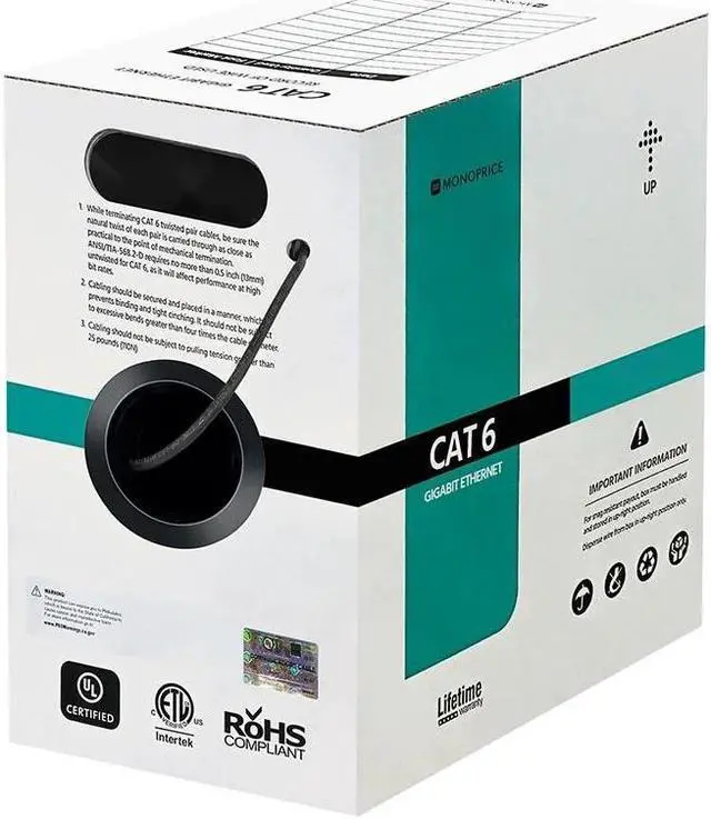 Alt view image 2 of 10 - Monoprice Cat6 Ethernet Bulk Cable - 1000 Feet - Black | Network Internet Cord - Solid, 550Mhz, UTP, CMP, Plenum, Pure Bare Copper Wire, 23AWG, No Logo