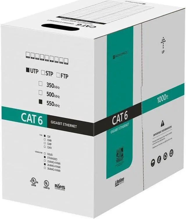 Alt view image 8 of 12 - Monoprice Cat6 Ethernet Bulk Cable - 1000 Feet - White | Network Internet Cord - Stranded, 550Mhz, UTP, Pure Bare Copper Wire, 24AWG