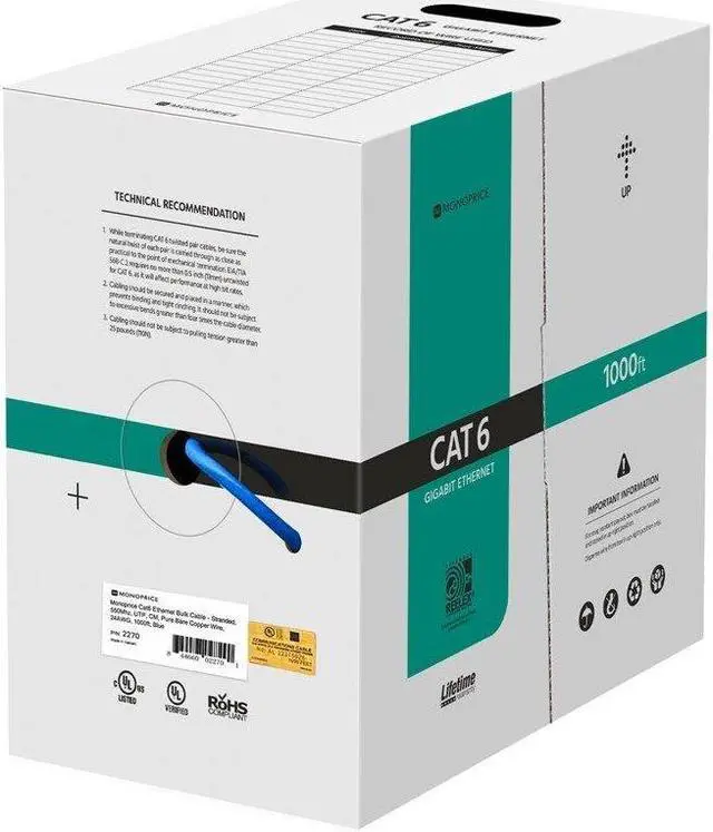 Alt view image 9 of 12 - Monoprice Cat6 Ethernet Bulk Cable - 1000 Feet - White | Network Internet Cord - Stranded, 550Mhz, UTP, Pure Bare Copper Wire, 24AWG