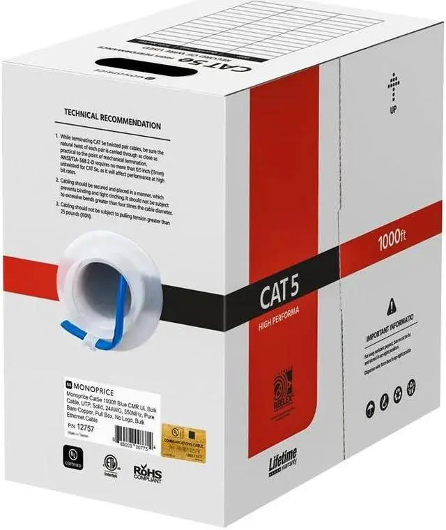 Alt view image 15 of 17 - Monoprice Cat5e Ethernet Bulk Cable - 1000 Feet - Blue | Network Internet Cord - Solid, 350Mhz, CMR, Riser Rated, Pure Bare Copper Wire, 24AWG, No Logo