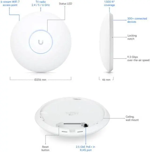Alt view image 6 of 6 - Ubiquiti CEILING-MOUNT WIFI 7 AP WITH 6 GHZ SUPPORT 2.5 GBE UPLINK
