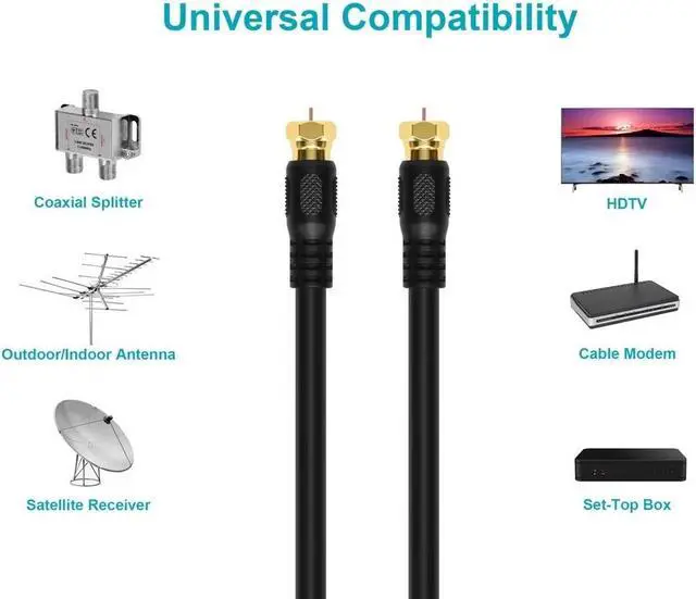 Alt view image 11 of 11 - Monoprice 50ft RG6 (18AWG) 75Ohm, Quad Shield, CL2 Coaxial Cable with F Type Connector - Black